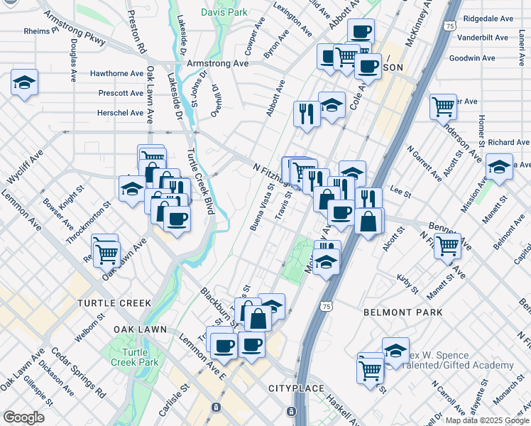 map of restaurants, bars, coffee shops, grocery stores, and more near 4109 Travis Street in Dallas