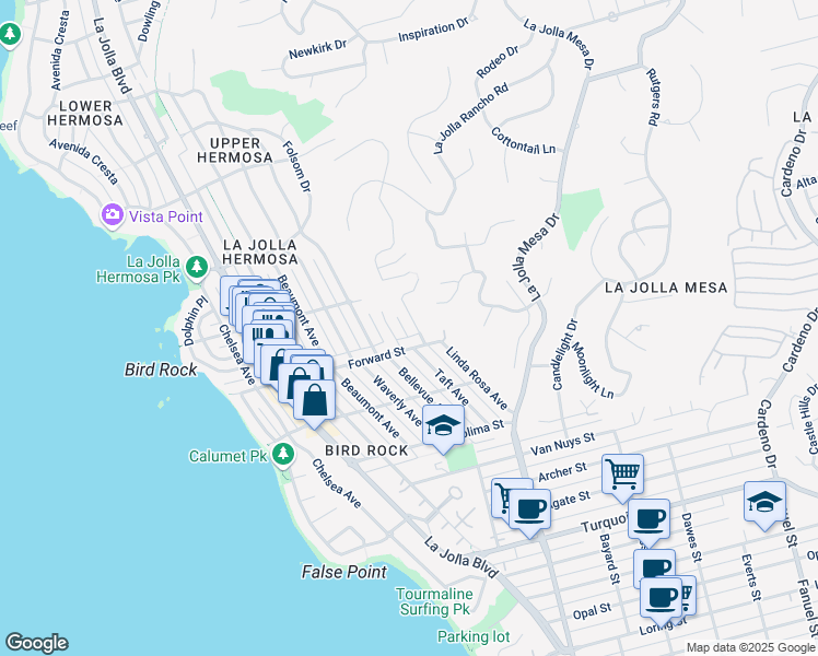 map of restaurants, bars, coffee shops, grocery stores, and more near 838 Forward Street in San Diego