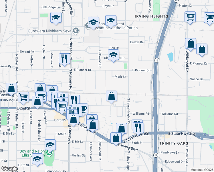 map of restaurants, bars, coffee shops, grocery stores, and more near 218 Ouida Road in Irving