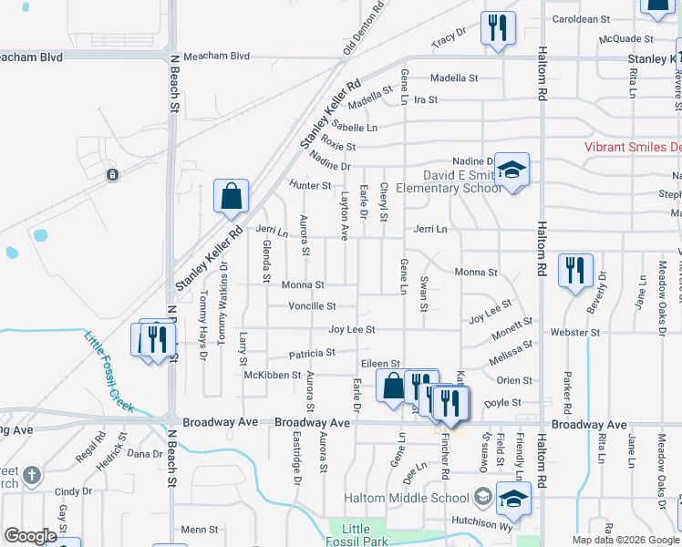 map of restaurants, bars, coffee shops, grocery stores, and more near 3609 Layton Avenue in Haltom City