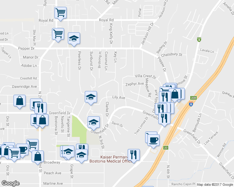 map of restaurants, bars, coffee shops, grocery stores, and more near 1508 Via Elisa Drive in El Cajon