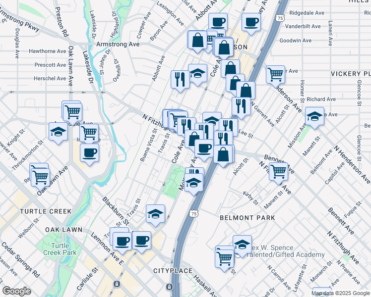 map of restaurants, bars, coffee shops, grocery stores, and more near 15 McKinney Avenue in Dallas
