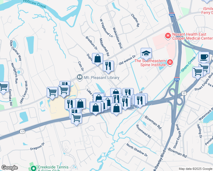 map of restaurants, bars, coffee shops, grocery stores, and more near 937 Bowman Road in Mount Pleasant