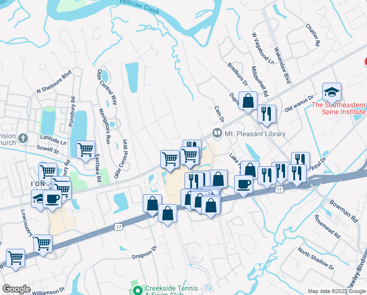 map of restaurants, bars, coffee shops, grocery stores, and more near 956 Mathis Ferry Road in Mount Pleasant