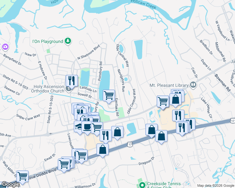 map of restaurants, bars, coffee shops, grocery stores, and more near 13 Boathouse Close in Mount Pleasant