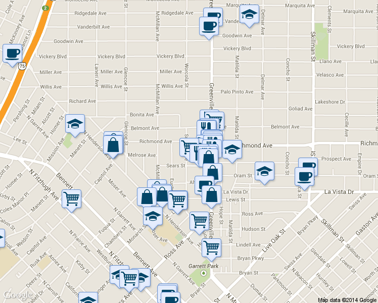 map of restaurants, bars, coffee shops, grocery stores, and more near 2025 Summit Avenue in Dallas
