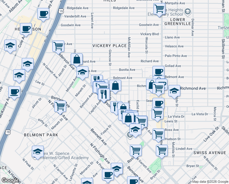 map of restaurants, bars, coffee shops, grocery stores, and more near 5409 Melrose Avenue in Dallas