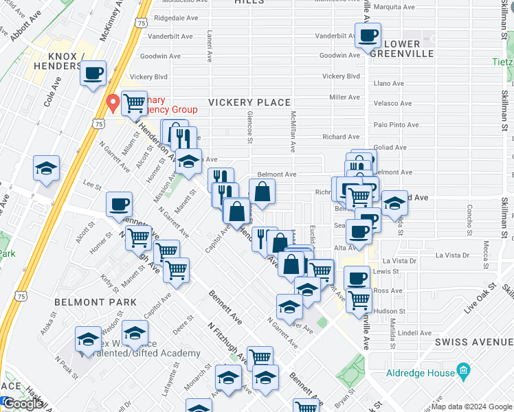 map of restaurants, bars, coffee shops, grocery stores, and more near 5409 Melrose Avenue in Dallas