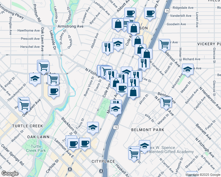 map of restaurants, bars, coffee shops, grocery stores, and more near 15 McKinney Avenue in Dallas