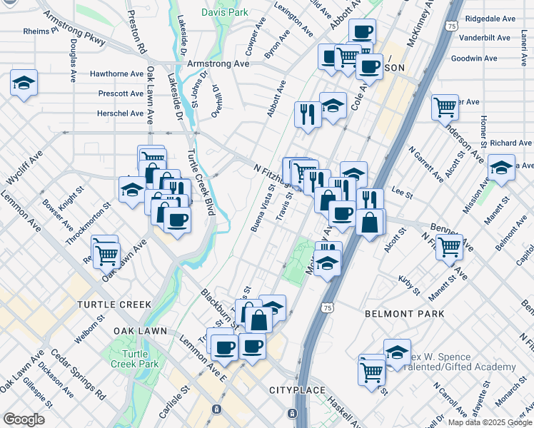 map of restaurants, bars, coffee shops, grocery stores, and more near 4109 Travis Street in Dallas