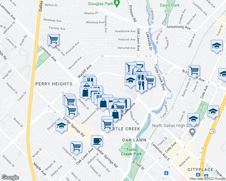 map of restaurants, bars, coffee shops, grocery stores, and more near 3717 Throckmorton Street in Dallas