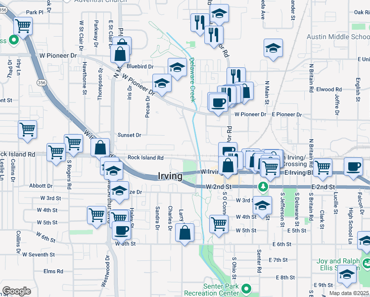 map of restaurants, bars, coffee shops, grocery stores, and more near 225 North Sowers Road in Irving