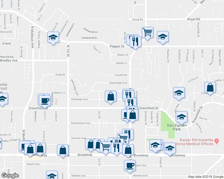 map of restaurants, bars, coffee shops, grocery stores, and more near 1246 El Rey Avenue in El Cajon