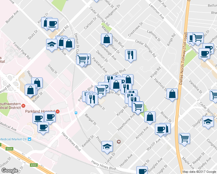 map of restaurants, bars, coffee shops, grocery stores, and more near 2519 Maple Springs Boulevard in Dallas