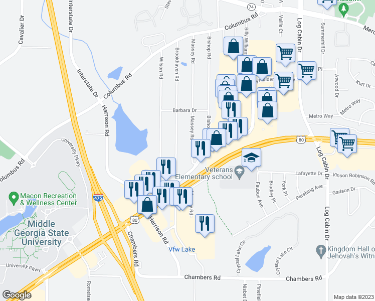 map of restaurants, bars, coffee shops, grocery stores, and more near 4827 Massey Road in Macon