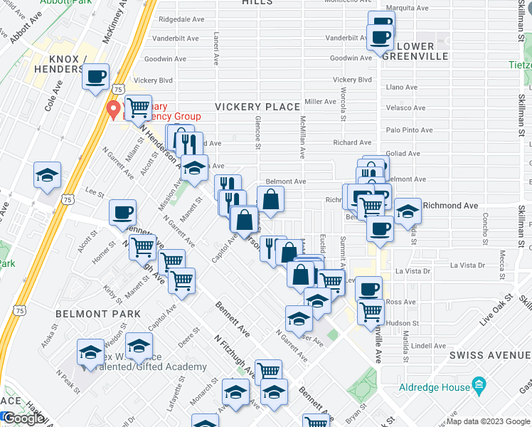 map of restaurants, bars, coffee shops, grocery stores, and more near 5409 Melrose Avenue in Dallas