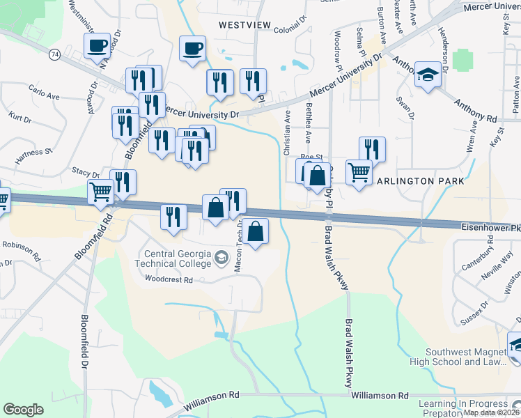 map of restaurants, bars, coffee shops, grocery stores, and more near 3603 Eisenhower Parkway in Macon