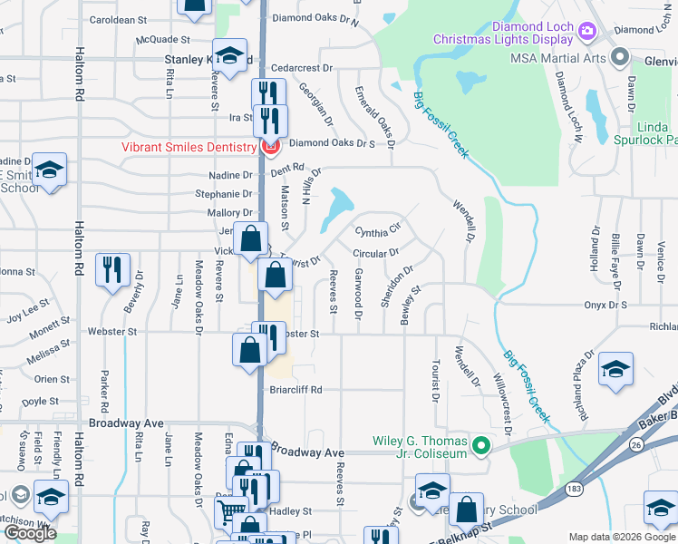 map of restaurants, bars, coffee shops, grocery stores, and more near 3606 Reeves Street in North Richland Hills