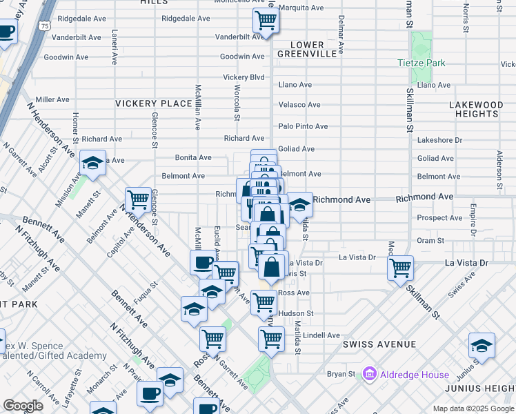 map of restaurants, bars, coffee shops, grocery stores, and more near 5627 Bell Avenue in Dallas