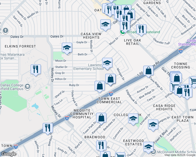 map of restaurants, bars, coffee shops, grocery stores, and more near 3800 Modlin Street in Mesquite