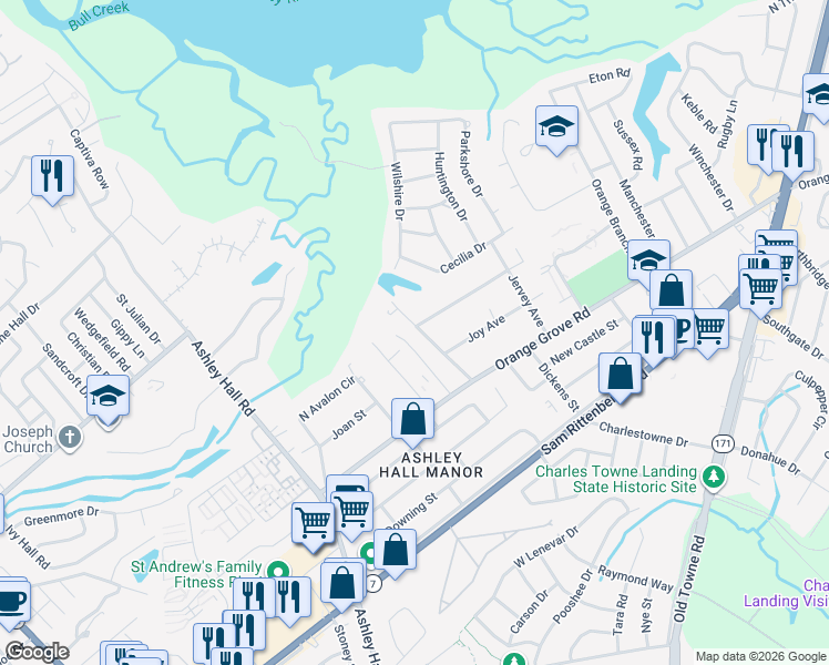 map of restaurants, bars, coffee shops, grocery stores, and more near 1755 River Front Drive in Charleston