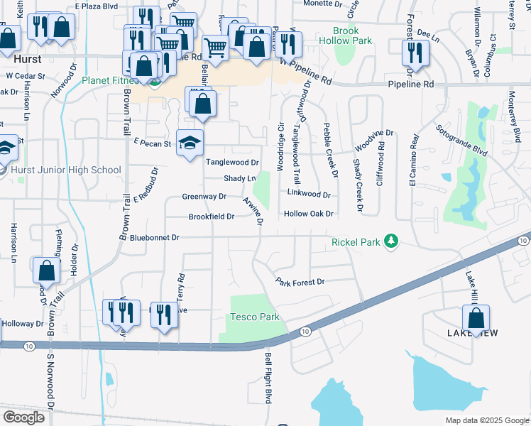 map of restaurants, bars, coffee shops, grocery stores, and more near 448 Arwine Drive in Hurst