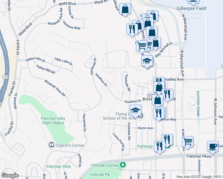 map of restaurants, bars, coffee shops, grocery stores, and more near 1683 Swallow Drive in El Cajon