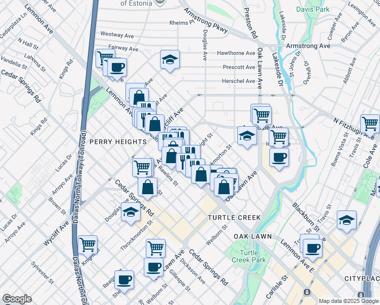 map of restaurants, bars, coffee shops, grocery stores, and more near 4107 Bowser Avenue in Dallas