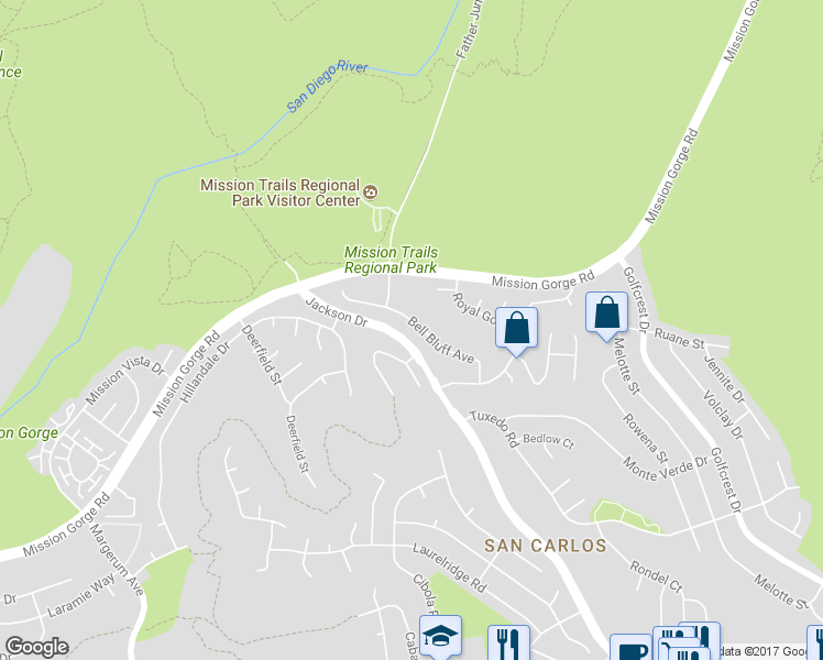 map of restaurants, bars, coffee shops, grocery stores, and more near 6569 Bell Bluff Avenue in San Diego