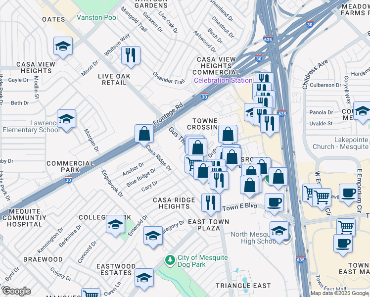 map of restaurants, bars, coffee shops, grocery stores, and more near 3801 Gus Thomasson Road in Mesquite