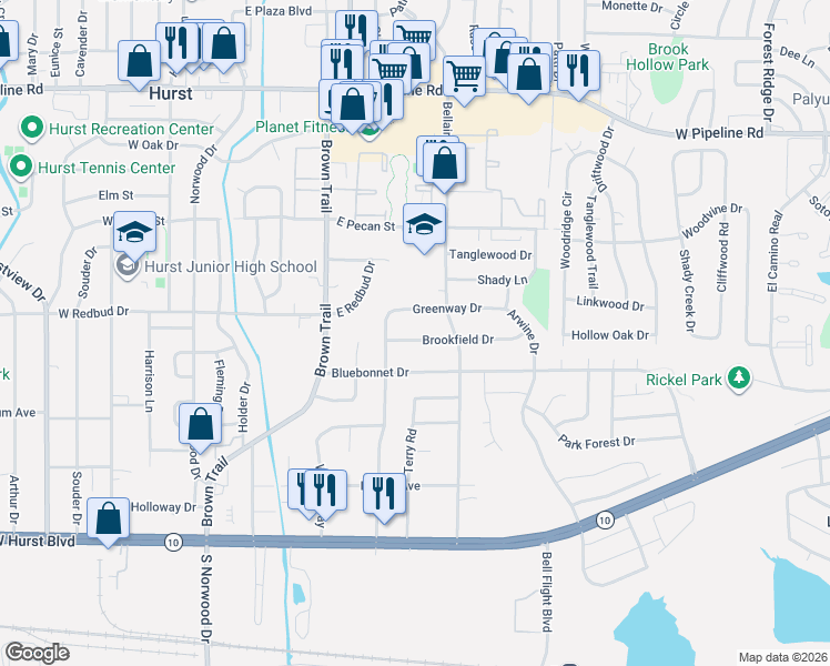 map of restaurants, bars, coffee shops, grocery stores, and more near 603 Brookfield Drive in Hurst