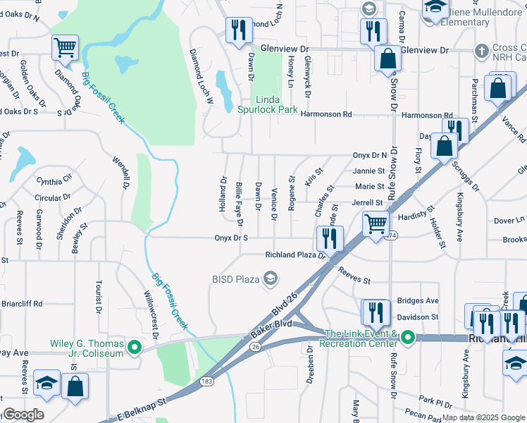 map of restaurants, bars, coffee shops, grocery stores, and more near 3620 Dawn Drive in Fort Worth