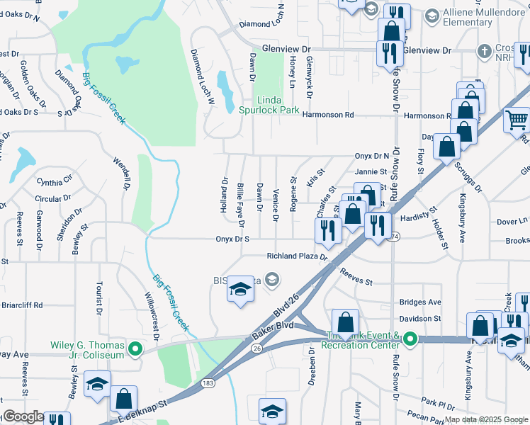 map of restaurants, bars, coffee shops, grocery stores, and more near 3620 Dawn Drive in Fort Worth