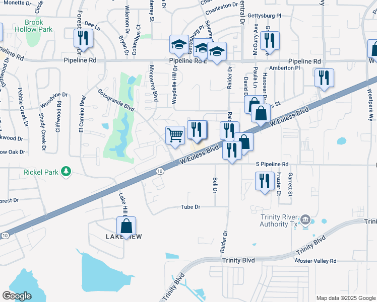 map of restaurants, bars, coffee shops, grocery stores, and more near 1629 The Lakes 1 in Hurst