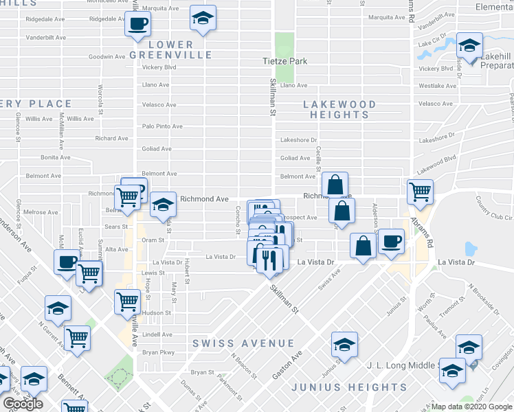 map of restaurants, bars, coffee shops, grocery stores, and more near 6024 Richmond Avenue in Dallas