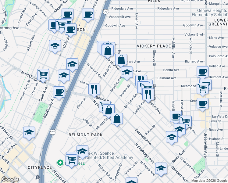 map of restaurants, bars, coffee shops, grocery stores, and more near 5102 Mission Avenue in Dallas