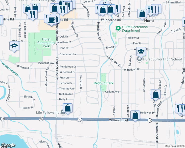 map of restaurants, bars, coffee shops, grocery stores, and more near 613 West Redbud Drive in Hurst