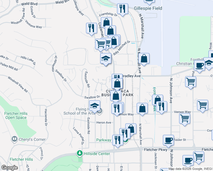 map of restaurants, bars, coffee shops, grocery stores, and more near 1311 Hawk Lane in El Cajon