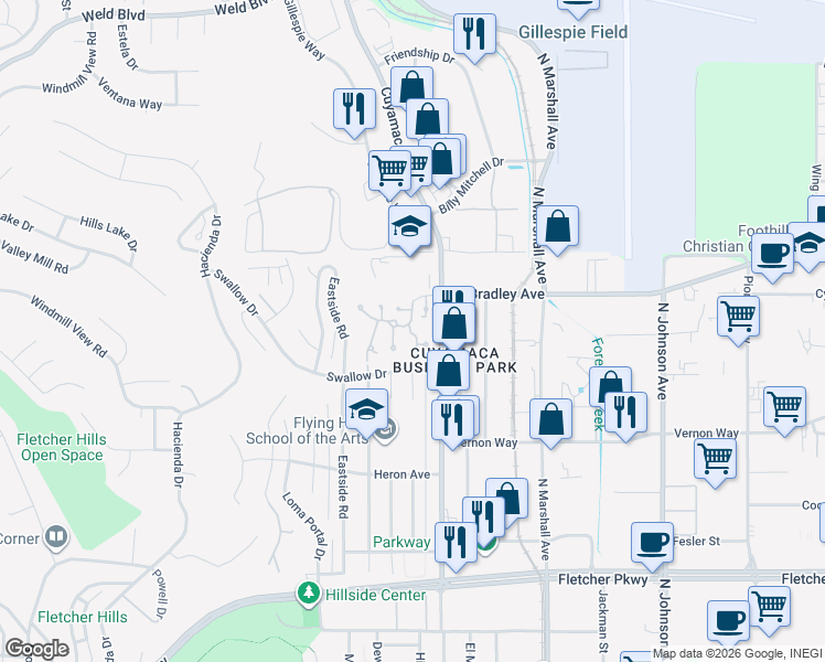 map of restaurants, bars, coffee shops, grocery stores, and more near 1444 Falcon Lane in El Cajon