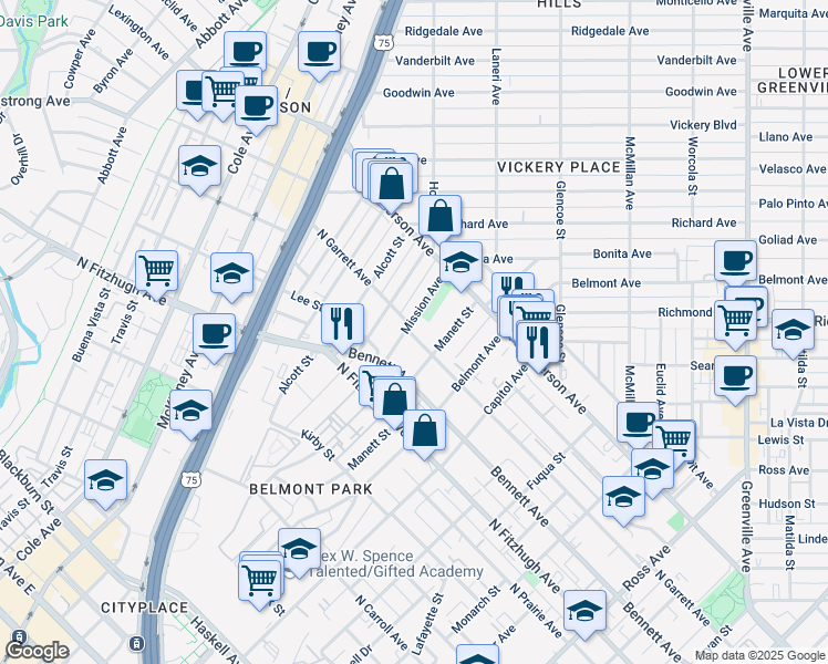map of restaurants, bars, coffee shops, grocery stores, and more near 5102 Mission Avenue in Dallas