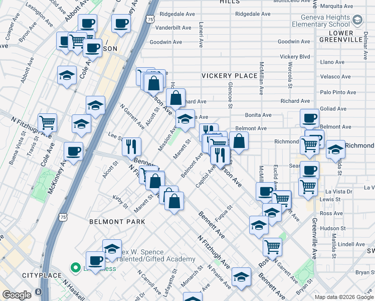 map of restaurants, bars, coffee shops, grocery stores, and more near 2525 North Henderson Avenue in Dallas