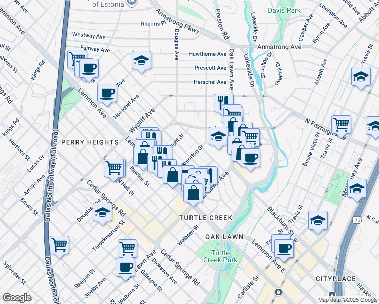 map of restaurants, bars, coffee shops, grocery stores, and more near 4020 Holland Avenue in Dallas