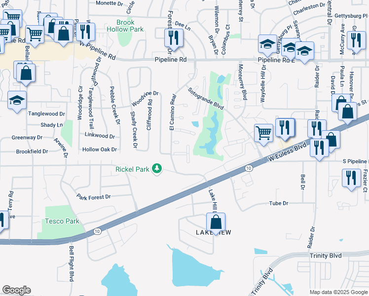 map of restaurants, bars, coffee shops, grocery stores, and more near 1605 El Camino Real in Euless