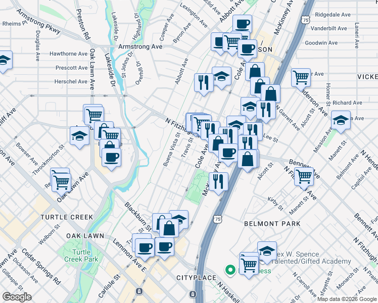 map of restaurants, bars, coffee shops, grocery stores, and more near 4111 Cole Avenue in Dallas