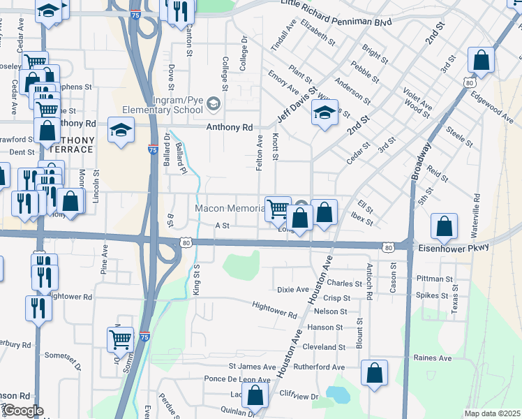 map of restaurants, bars, coffee shops, grocery stores, and more near 2438 Felton Avenue in Macon