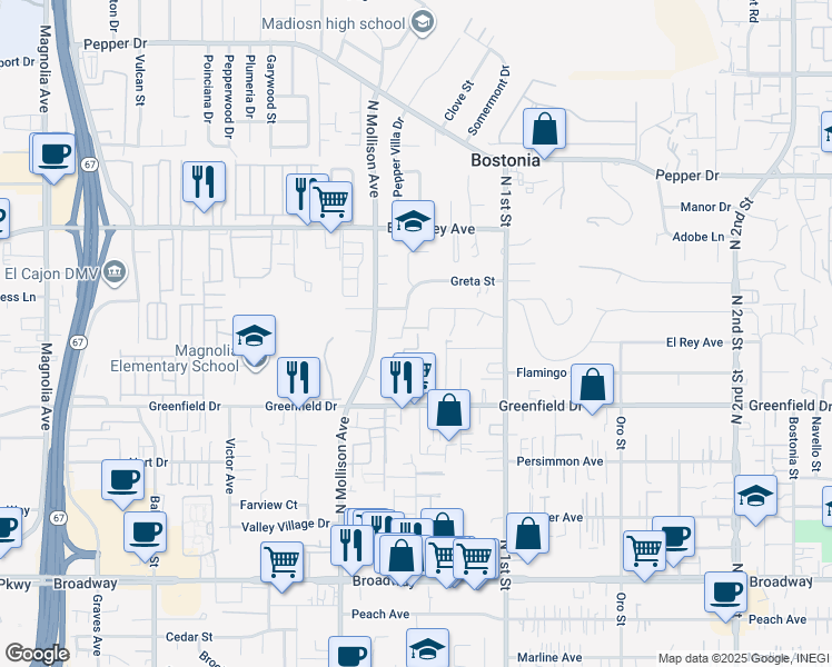 map of restaurants, bars, coffee shops, grocery stores, and more near 1514 Cajon Greens Place in El Cajon