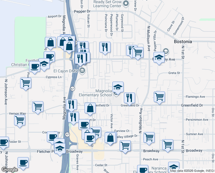 map of restaurants, bars, coffee shops, grocery stores, and more near Acacia Dr in El Cajon