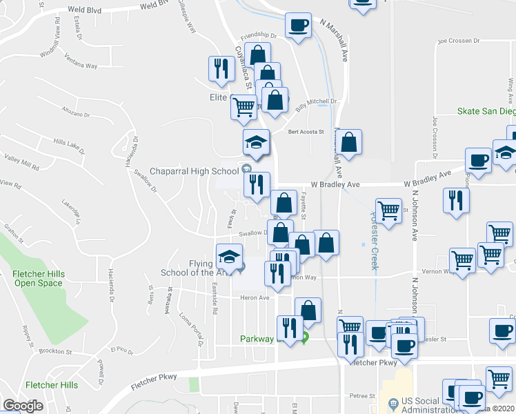 map of restaurants, bars, coffee shops, grocery stores, and more near 1314 Hawk Lane in El Cajon