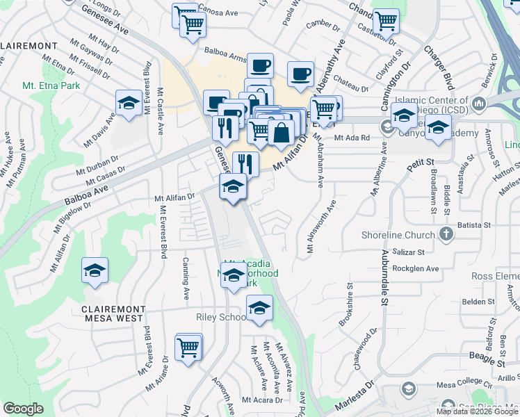 map of restaurants, bars, coffee shops, grocery stores, and more near 5558 Caminito Roberto in San Diego