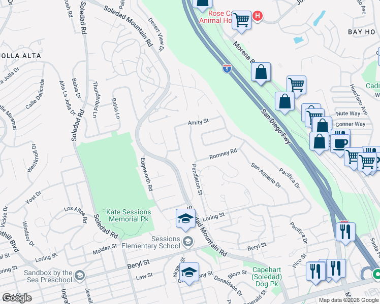 map of restaurants, bars, coffee shops, grocery stores, and more near 5259 Middleton Road in San Diego